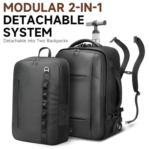 2-in-1 Detachable Carry On Rolling Backpack - Splits into Two Bags for Travel, 50L Wheeled Backpack with 17.3″ Padded Laptop Sleeve, USB Charging Ports, Waterproof Luggage Suitcase