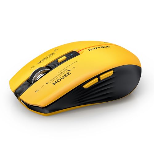 RAPIQUE Bluetooth Wireless Mouse - (BT1/BT2+USB Receiver) Tri-Device Compatibility for PC, Laptop, Computer, MacBook, Tablet (Black and Yellow) | 3-Device Switching, USB-C Rechargeable, Quiet Clicks, 800/1200/1600 DPI, 6 Buttons, Ergonomic Grip, For Lapto