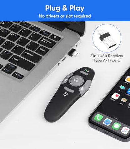 Presenter Clicker for PowerPoint Presentations, USB Wireless PPT Remote Clicker with Laser Pointer for Mac/Windows/Linux, Google Slide/PPT/Keynote, Page Flip, Full/Black Screen, Plug and Play
