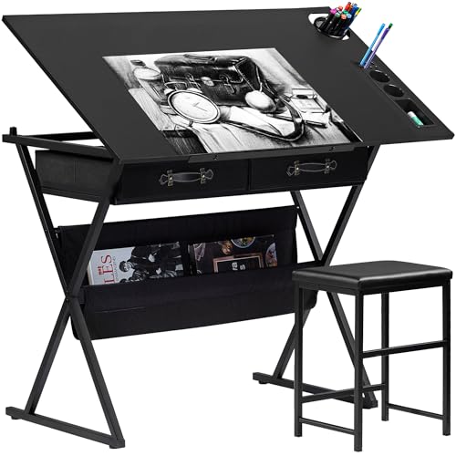 VECELO Drafting Table Art Desk Art Table Adjustable Drawing Table Tilted Tabletop with 2 Storage Drawers and Stool, Drawing Desk for Artist Painters Drawing, Crafting, Reading, Writing, Black - color: Black