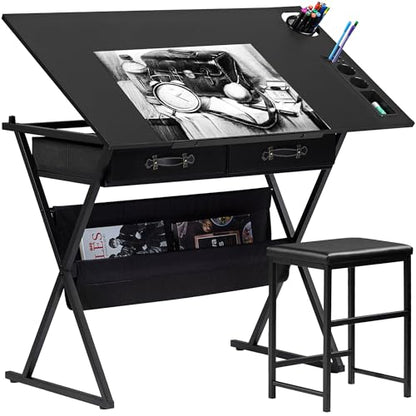 VECELO Drafting Table Art Desk Art Table Adjustable Drawing Table Tilted Tabletop with 2 Storage Drawers and Stool, Drawing Desk for Artist Painters Drawing, Crafting, Reading, Writing, Black - color: Black