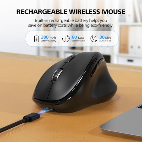 Bluetooth Wireless Mouse Ergonomic Vertical for Laptop Computer Macbook iPad Tablet Rechargeable Silent Click USB Carpal Tunnel Right Hand Compatible with Windows iOS Mac OS Android Black - color: Black, size: Rechargeable 3-Mode