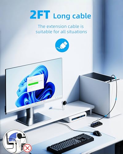 Qeefun 4-Port USB 3.0 Hub, Individual LED Power Switches, 5Gbps Data Transfer USB Splitter with 2ft Extension Cable, Multiple USB Extender for Laptop, PC, iMac, USB Flash Drives and More - style: A to 4A(60cm)