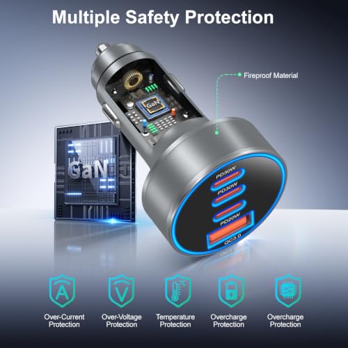 USB C Car Charger,4-Port 98W Super Fast Charging Cigarette Lighter Adapter | Dual PD 30W Car Phone Charger Adapter,Multi Port Cigarette Lighter USB Charger for iPhone 17/16/15 Pro Max,Galaxy,Pixel,iPad - color: Gray