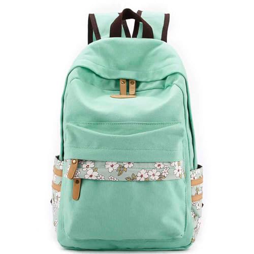 mygreen Kawaii Girls Backpack for School - Lightweight Canvas Backpack for Teens Ages 8-12, Fits 15 Inch Laptop, Cute Boho Floral Design, Durable & Comfortable Light Green - color: Light Green, Flower, 15 Inch Laptop