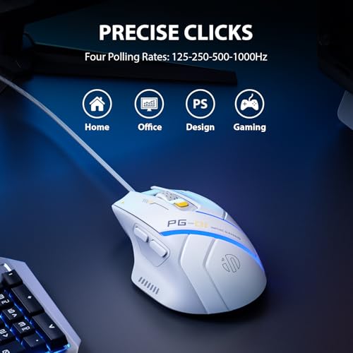 INPHIC PG1 Wired Computer Gaming Mouse Ergonomic, 12800 DPI High-Precision, 6 Programmable Buttons, RGB Backlit for Gaming - White Gray - color: White