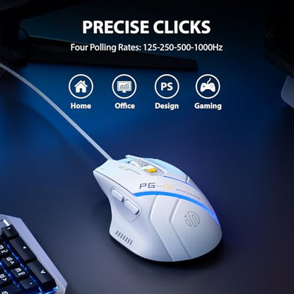 INPHIC PG1 Wired Computer Gaming Mouse Ergonomic, 12800 DPI High-Precision, 6 Programmable Buttons, RGB Backlit for Gaming - White Gray - color: White