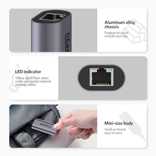 QGeeM USB C to Ethernet Adapter, 1000Mbps Gigabit RJ45 LAN Network Dongle, Thunderbolt 5/4/3 Compatible, Braided Nylon Aluminum Case for iPhone 17/16/15 Pro Max, MacBook Pro/Air M3/2, iPad, XPS - Gray - color: Classic Gray