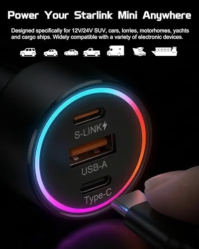 Starlink Mini Car Adapter with DC Power Cable, 12V-24V Car Charger Accessories for Starlink Mini, PD 30W + USB-A 22.5W + PD 100W Car Power Supply for Trucks, RVs, Boats - 9FT Braided Cable - size: 9FT