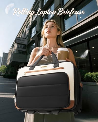 Rolling Laptop Bag Women,Puffer Rolling Briefcase, 16 inch Wheeled Laptop Bag,Stylish Overnight Underseat Water Resistant Carry On Luggage with Wheels for Work Travel Business,Ribbed Beige Brown - color: Ribbed Beige Brown