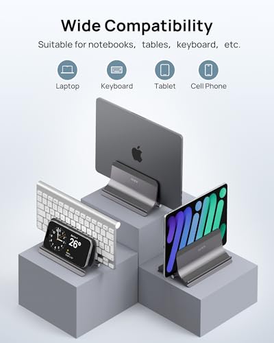 Vertical Laptop Stand for Desk, Aluminum Laptop Holder Compatible with MacBook Pro, MacBook Air Stand Up to 17 inch, Gravity Auto-Lock Cooling, 3in1 Space Saving Desk Organizer Accessories, Gray - color: Gray