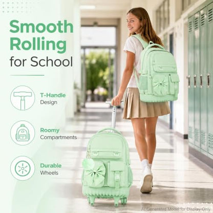 3Pcs Rolling Backpack for Girls Women, School Kids Roller Bookbag with Wheels, Wheeled Backpacks Set for Elementary (Green) - color: Bow Green