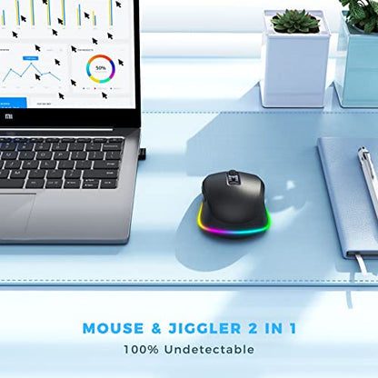 PEIOUS Wireless Mouse Jiggler, LED Mouse with Built-in Mouse Mover, Black | Rechargeable, Silent Clicks, Adjustable DPI and Random Movement Keep Computers Awake for Work-Life Balance on Laptop/PC/Mac - color: Black