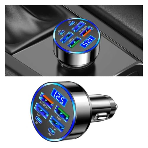 Car Charger Multiple Ports with LED Voltage Display,6 Ports Car Cigarette Lighter Adapter Includes QC3.0/3.1A/PD20W/Super,12V/24V Charging Cars Adapter for Phone,Tablet