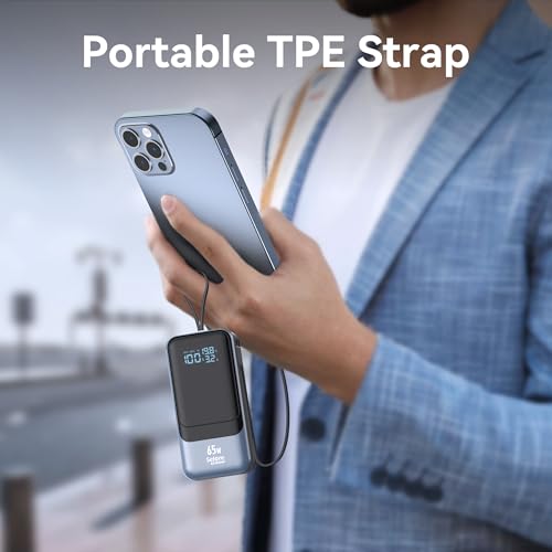 65W Power Bank for Laptop, 18400mAh Fast Charging Portable Charger, Battery Pack with Dual Built-in USB-C & Lightning Cables, LCD Display Travel Chargers for MacBook/Dell XPS/iPad/iPhone 15/Samsung - color: Black