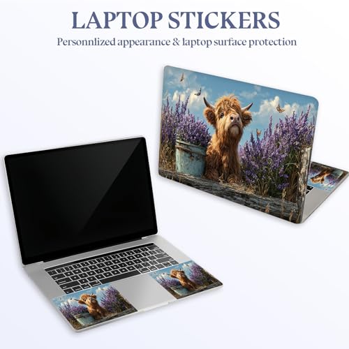 Universal Laptop Skin Sticker Decal,15.6 Inch Laptop Vinyl Cover for 13" 14" 15.6" Laptop,Scratch-Resistant Waterproof Protector Wrap,Reusable with Wrist Pads,Highland Cow in Lavender Field - color: Highland Cow in Lavender Field