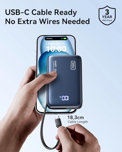 INIU Portable Charger, 20000mAh 20W Power Bank with Built-in USB-C Cable, Portable Phone Charger for iPhone 15/14/13/12/11, Samsung S22/S21, Google, AirPods, iPad, etc.