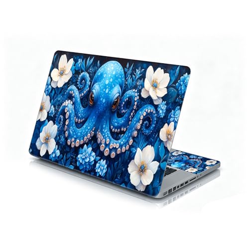 Universal Laptop Skin Sticker Decal, 12"-15.6" Aesthetic Vinyl Wrap, Blue Octopus White Floral Waterproof Notebook Cover Art Protector for MacBook HP Dell Lenovo, Fits 13" 14" 15" 15.6" - color: Blue Octopus White Floral