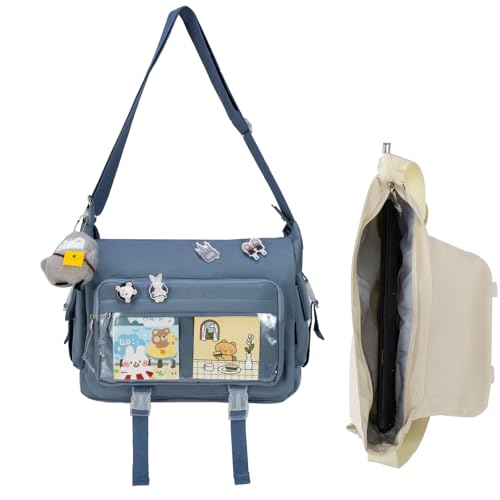 Kawaii Crossbody Ita Bag for Women with Pin and Plush Penguin, Cute Messenger Bag Japanese Crossbody Bag Y2K Purse - color: Blue, size: Medium-Compact