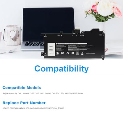 TREE.NB 38Wh 1FKCC Laptop Battery Compatible with Dell Latitude 7200 7210 2-in-1 Series T04J T04J001 T04J002 T5H6P 09NTKM 9NTKM 0D9J00 D9J00 0KWWW4 KWWW4 - size: 7.83x3.82x0.18inch 1FKCC