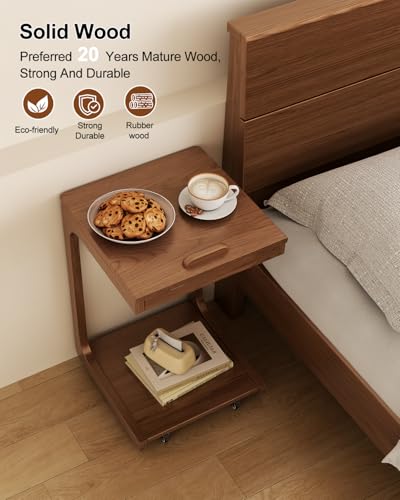 AQIMUELE Wooden C-Shaped End Table,Couch Table with Adjustable Desktop,Small Rolling Side Table with 2 Lockable Wheels,Small End Table for Couch, Living Room,Bedroom (Walnut) - color: Walnut, size: 15.6"D x 15.7"W x 24.8"H, style: Modern 2 Tier