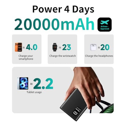 FUNNYPANDA 20000mAh Portable Charger, 22.5W USB C in & Out Power Bank Fast Charging, PD 3.0+QC 4.0 LED Display Phone Battery Man Women Heated Clothing, Black - color: Black
