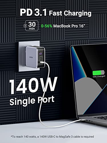 UGREEN Nexode 140W GaN USB C Laptop Charger, 3-Port PD 3.1 PPS Foldable Fast Wall Charger with 240W Cable for MacBook Pro 16", iPhone 17/16/15, Pixel 10/9, Galaxy S25/S24, Chromebook