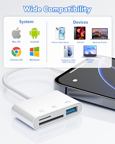 SD Card Reader, USB-C SD/TF Memory Card Adapter with USB 3.0 Port | SD Card Support • Compatible with iPhone 17/16/15, iPad & Android • Trail Camera Viewer • Plug & Play