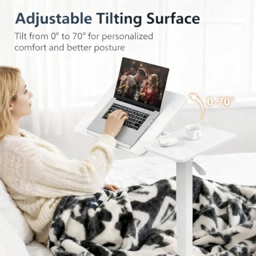 WSA Adjustable Standing Desk with Wheels Pneumatic Height Adjustable Rolling Laptop Desk Tiltable Mobile Computer Workstation Overbed Bedside Table for Home Office Sofa & Hospital Bed (White) - color: White