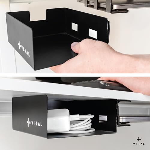 VI+AL Under Desk Laptop Mount - Hidden Metal Shelf with Side Storage - Installs with Tape & Screws - Fits Devices up to 1.7" Thick - Standard (No Hook or Cable Organizer) - style: Standard