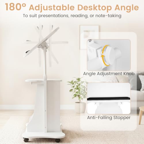 Giantex Mobile Podium Stand, Sit-to-Stand Laptop Cart with Tilting Tabletop & Storage Cabinet, Lockable Casters, Height-Adjustable Rolling Lectern for Classroom, Church, Home Office (White) - color: White