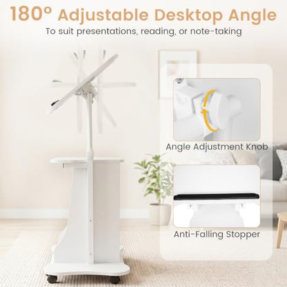Giantex Mobile Podium Stand, Sit-to-Stand Laptop Cart with Tilting Tabletop & Storage Cabinet, Lockable Casters, Height-Adjustable Rolling Lectern for Classroom, Church, Home Office (White) - color: White