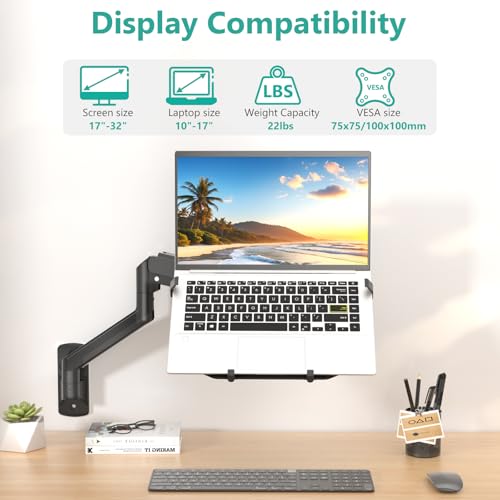 WALI Laptop Wall Mount, Single Monitor Arm for 17" Notebook and Up to 32" Screen, Full Motion Adjustable Monitor Wall Mount with Laptop Tray, VESA 75x75/100x100, Up to 15.4-22 Lbs (GSWM001LP), Black