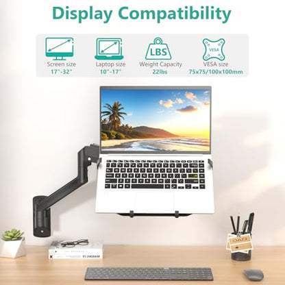 WALI Laptop Wall Mount, Single Monitor Arm for 17" Notebook and Up to 32" Screen, Full Motion Adjustable Monitor Wall Mount with Laptop Tray, VESA 75x75/100x100, Up to 15.4-22 Lbs (GSWM001LP), Black