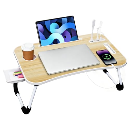 Portable Bed Desk, Foldable Laptop Desk with 4 USB Charge Port/Cup Holder/Tablet Slot/Storage Drawer, Folding Lap Table for Working, Writing, Drawing and Eating (Log Color) - color: Log Color