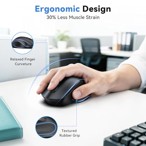 TECKNET Wireless Mouse for Laptop, Dual-Mode Bluetooth Wireless Mouse | (BT5.2/3.0 & 2.4G) Connection, Ergonomic Design, 5-Level DPI, Silent Click, Compatible with Laptop/PC/Windows/Chromebook - color: Black