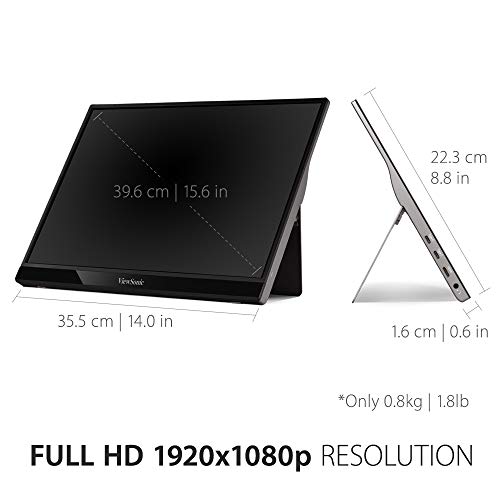 ViewSonic VG1655 15.6 Inch 1080p Portable Monitor, IPS Display with Eye Care for Comfortable Mobile Workspaces and Second Screen Productivity, Built-in Stand, 60W USB-C, and mini HDMI Inputs - style: 1920 x 1080