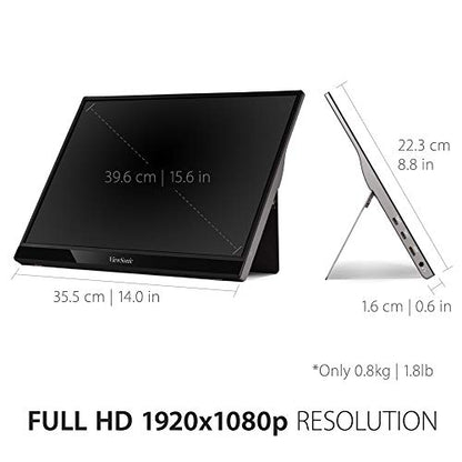 ViewSonic VG1655 15.6 Inch 1080p Portable Monitor, IPS Display with Eye Care for Comfortable Mobile Workspaces and Second Screen Productivity, Built-in Stand, 60W USB-C, and mini HDMI Inputs - style: 1920 x 1080