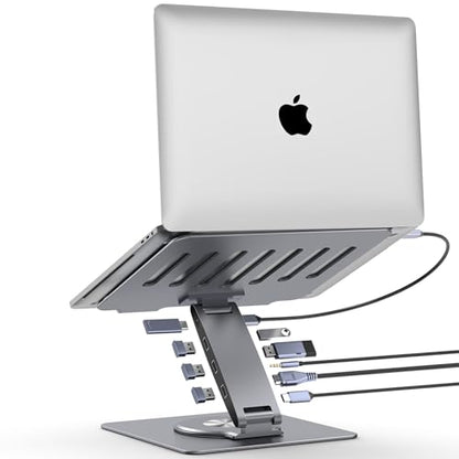 Adjustable Laptop Stand for Desk with Docking Station 9-in-1, Aluminum Laptop Riser with USB Hub, 360° Swivel, Dual Display 4K60Hz HDMI, 3 USB3.0, 100W PD Charging, for MacBook Pro Air/Dell/HP 7-15.6" - size: 9-in-1 Hub Laptop Stand