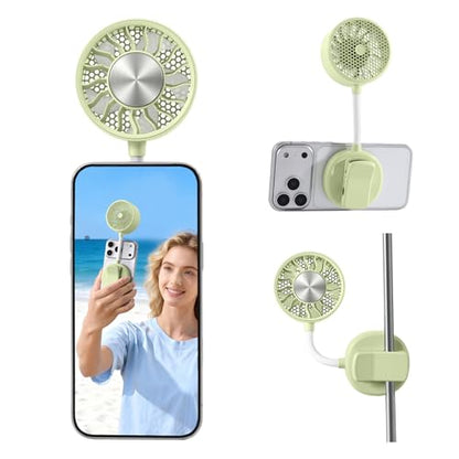 Magnetic Phone Fan with Ice Cooling, 3-in-1 Clip on Fan | Phone Stand, Rechargeable Mini Handheld Fan, 360° Flexible Gooseneck Portable Fan for Cruise Travel Desk Gym Makeup（Green） - color: Green