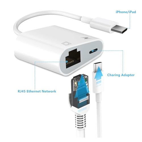 USB-C Ethernet Adapter with Charging - Portable LAN Network Adapter Compatible for iPhone 15 Pro/Max/Plus, MacBook Pro/Air 2018, Samsung, iPad and More
