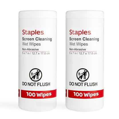 Staples Screen Cleaning Wipes – 100 per Tub, Safe for Monitors, Laptops & Electronics, 2‑Pack - size: 100 Count (Pack of 2)