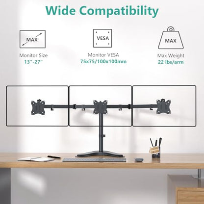 WALI Freestanding Triple Monitor Stand for 13-27 inch Screens，22lbs per Arm | Articulating 3 Monitor Desk Mount, Full Motion with Tilt, Swivel, Rotation, C-Clamp & Grommet Base, VESA 75/100mm (MF003N) - size: Triple, style: Steel Free Stand