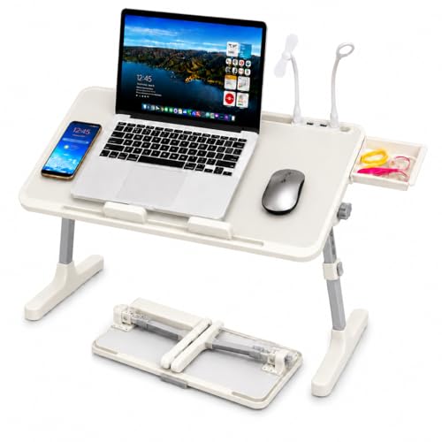 Laptop Desk for Bed, Height & Angle Adjustable Lap Desk with USB Cooling Fan, LED Light and USB Ports, Foldable Portable Laptop Table for Couch, Sofa, Floor, Reading, Writing (Gray) - color: Gray