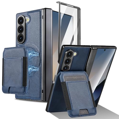 Dteck for Galaxy Z Fold 4 2022 Magnetic Phone Case 7.6" with Removable Flip Wallet (4 Card Slots) Kickstand, Screen Protector, Hinge Cover, Compatible with MagSafe, Shockproof Lightweight Cover, Blue - color: 03_Blue, size: for Samsung Galaxy Z Fold 4