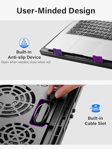 Kootek Laptop Cooling Pad Cooler Stand with 5 Quiet Fans for 12"-17" Laptop | 5 Fans, USB Powered, Laptop Cooling Stand with 2 USB Hub, 6 Adjustable Height, 360° Cooling Coverage, Anti-Slip, Purple LED - color: Purple