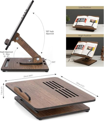 Vigo Wood Book Stand for Reading 360° Adjustable, Wooden Laptop Stand, Cookbooks Holder, Music Scores, Featuring Multi-Height Angles and Foldable Design with Page Clips.