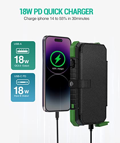 BLAVOR Solar Charger Power Bank, PD 18W Fast Charging 20000mAh Battery Pack with 4 Foldable Panels, Portable Solar Powered USB C Charger with Camping Flashlight Compass Carabiner for Cell Phone - color: Green