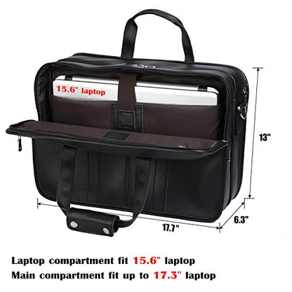 Men's Full Grain Leather Briefcase Large 17 Inch Business Travel Laptop Messenger Bag Tote with YKK Metal Zippers - color: Black
