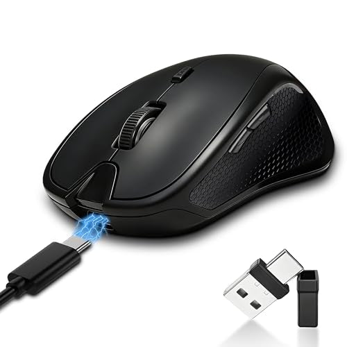 Rechargeable Bluetooth Mouse with Built-in Mouse Jiggler, Multi-Device Wireless Mouse for MacBook, iPad, Laptop & PC, USB-C/USB-A Receiver, BT5.2/3.0 & 2.4G, Silent Ergonomic Office Mouse - Black - color: Black